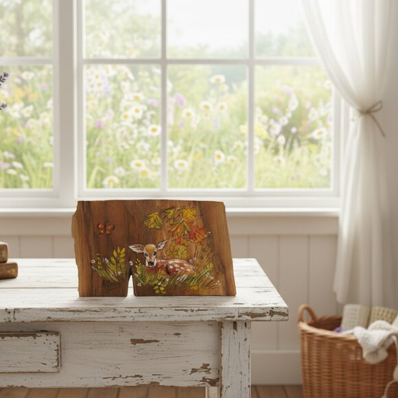 Hand-Painted Wood Art, Original Deer Fawn Painting, Rustic Cottagecore Decor - Picture 2 of 11